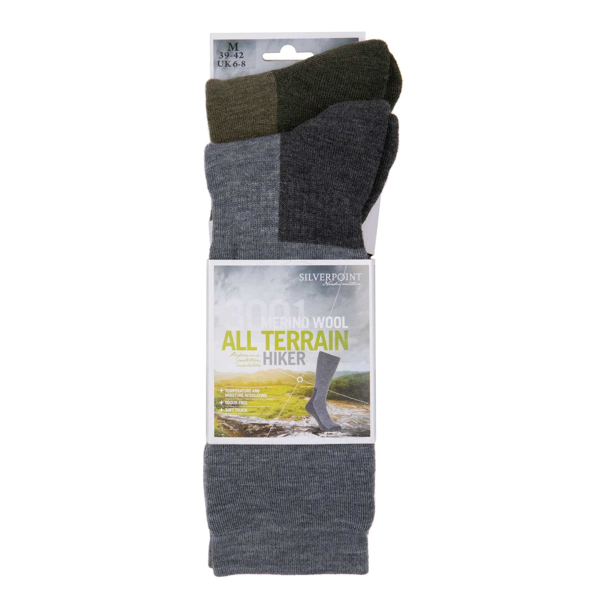 Silverpoint Unisex All Terrain Merino Hiker Socks - 2 Pair Pack (Grey/Green) - Image 2