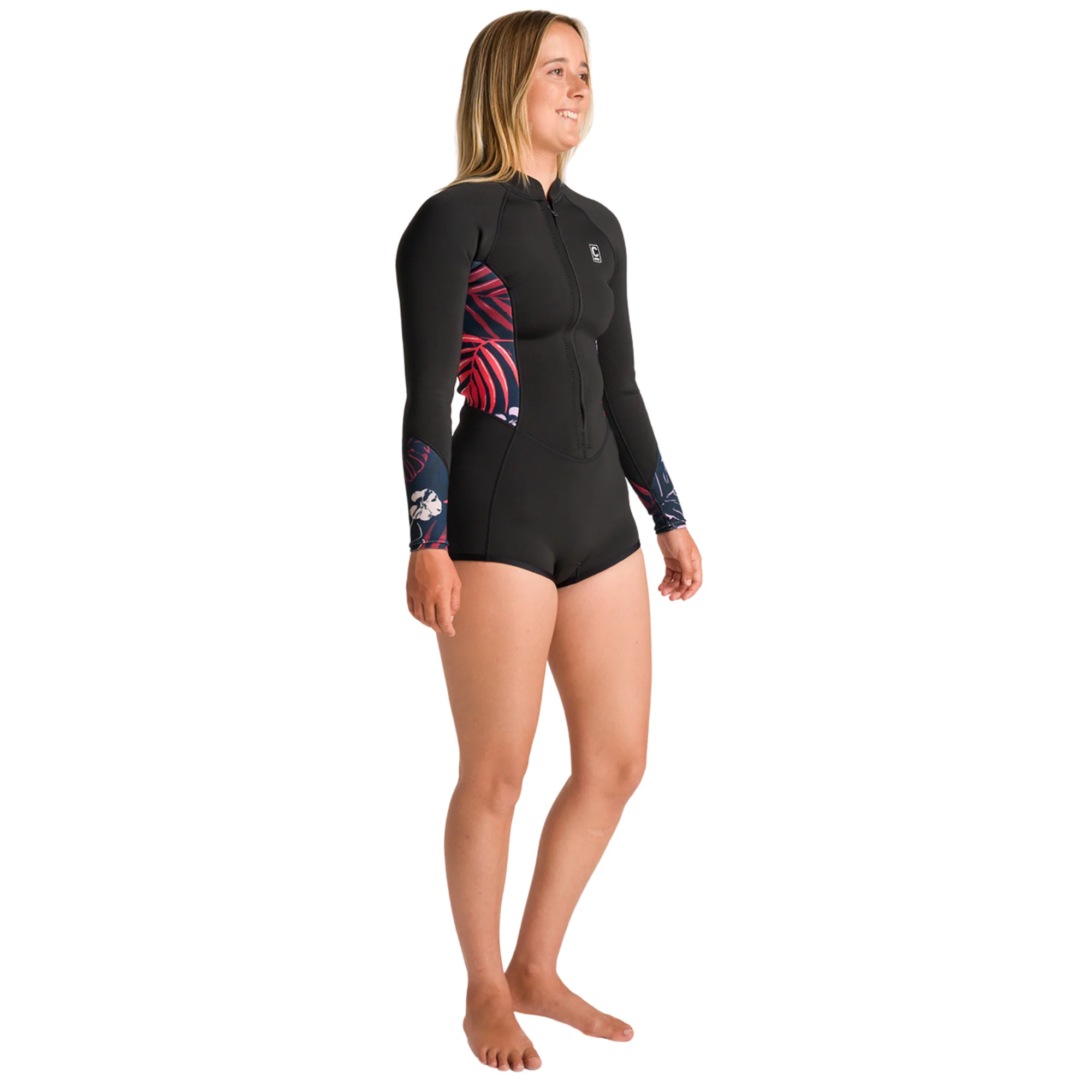 C-Skins Women's NuWave Solace Lite 2/2mm Front Zip Flatlock Long Sleeve Surf Suit (Black/Tropical) - Image 7