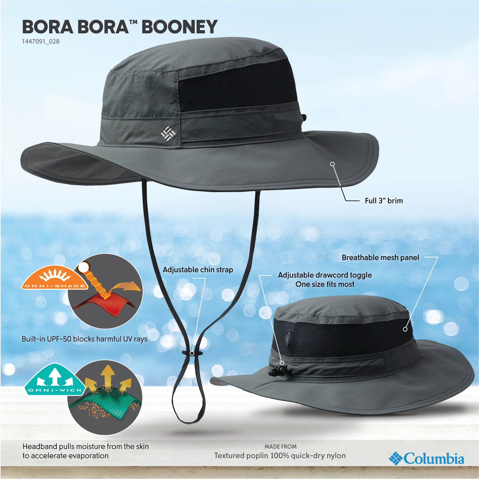 Columbia Unisex Bora Bora II UPF50 Booney Sun Hat (Grill) - Image 6