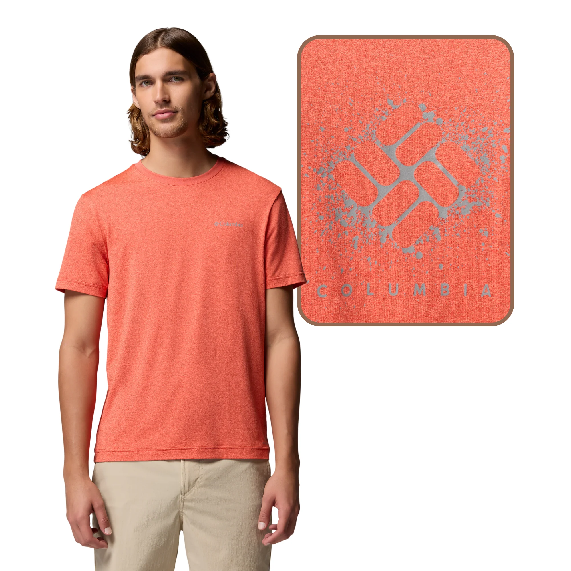 Columbia Men's Parsons Point Back Graphic UPF50 Short Sleeve Tee (Super Sonic Heather/Splatter Gem)