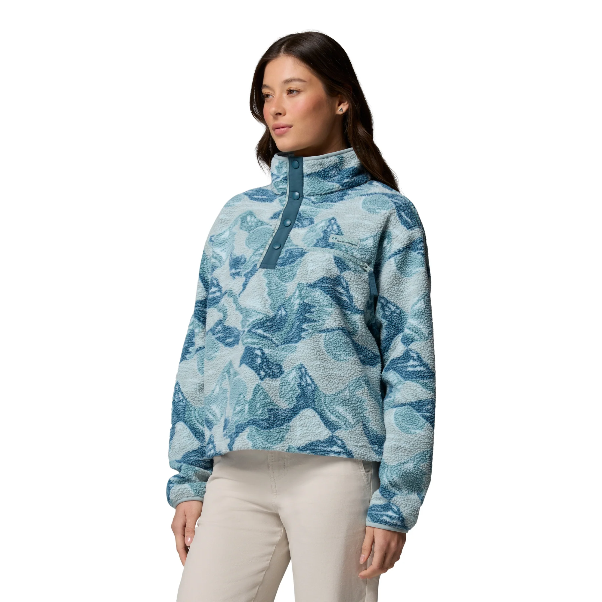 Columbia Women's Helvetia II Printed Cropped Half Snap Fleece Top (Marine Light/Sunscape) - Image 3