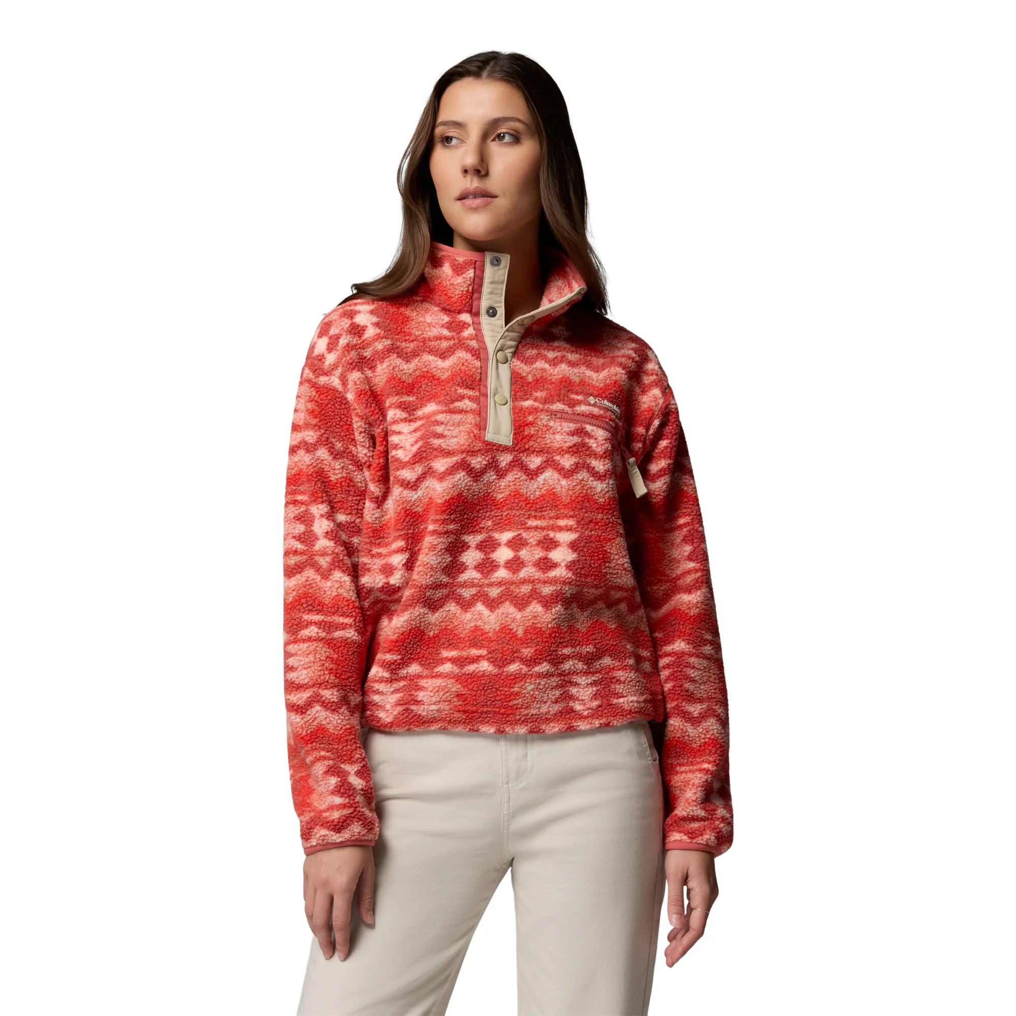 Columbia Women's Helvetia II Printed Cropped Half Snap Fleece Top (Poppy Red/Retrotree)