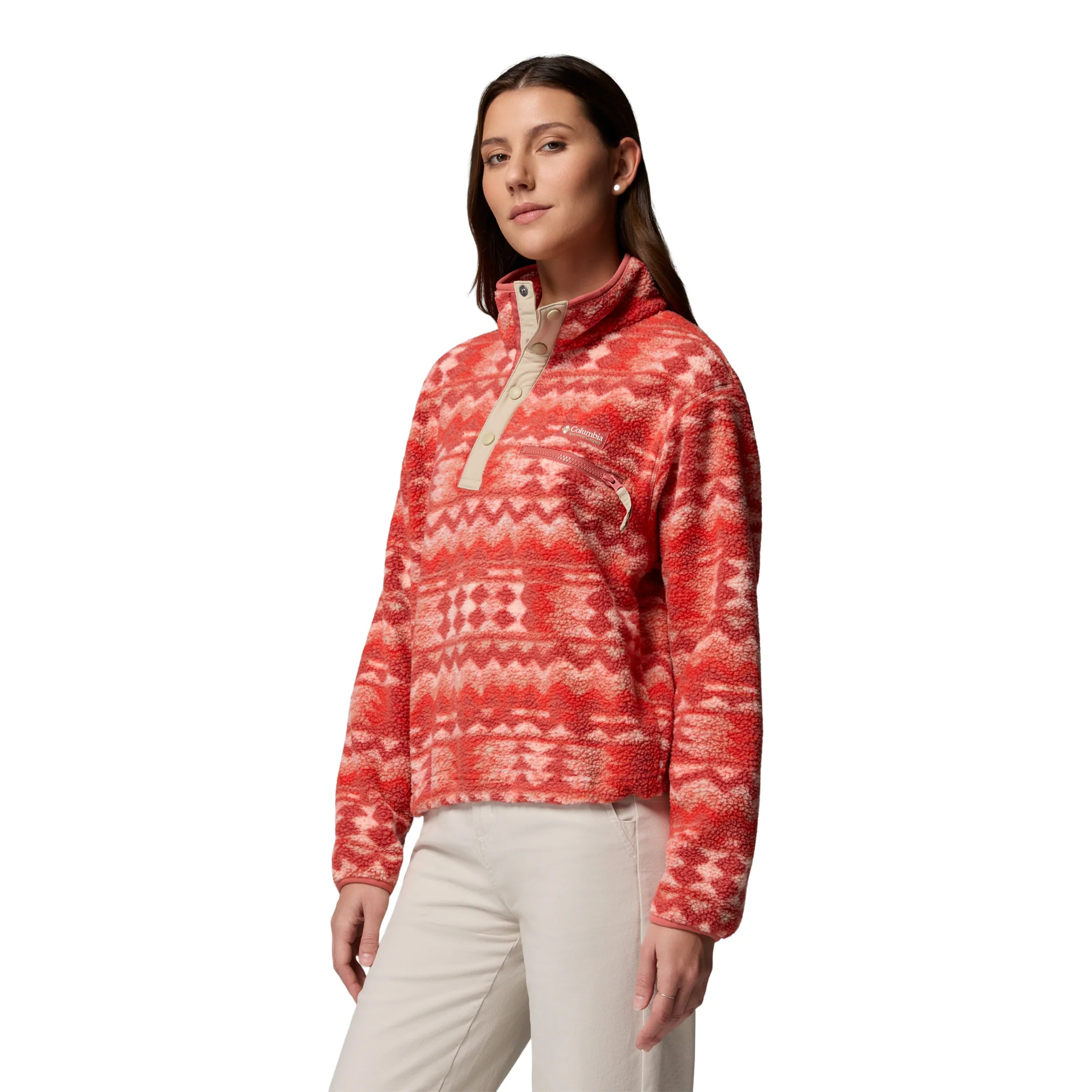 Columbia Women's Helvetia II Printed Cropped Half Snap Fleece Top (Poppy Red/Retrotree) - Image 2
