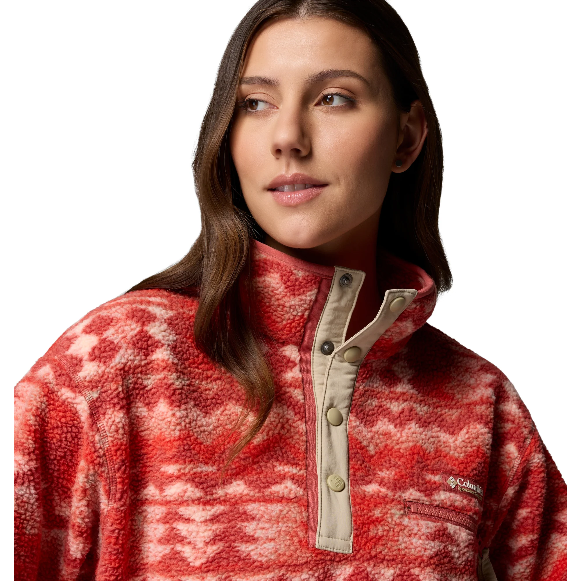 Columbia Women's Helvetia II Printed Cropped Half Snap Fleece Top (Poppy Red/Retrotree) - Image 4