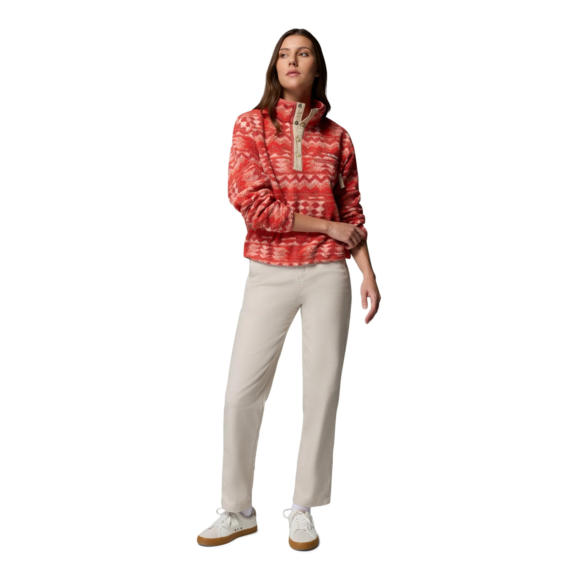 Columbia Women's Helvetia II Printed Cropped Half Snap Fleece Top (Poppy Red/Retrotree) - Image 6