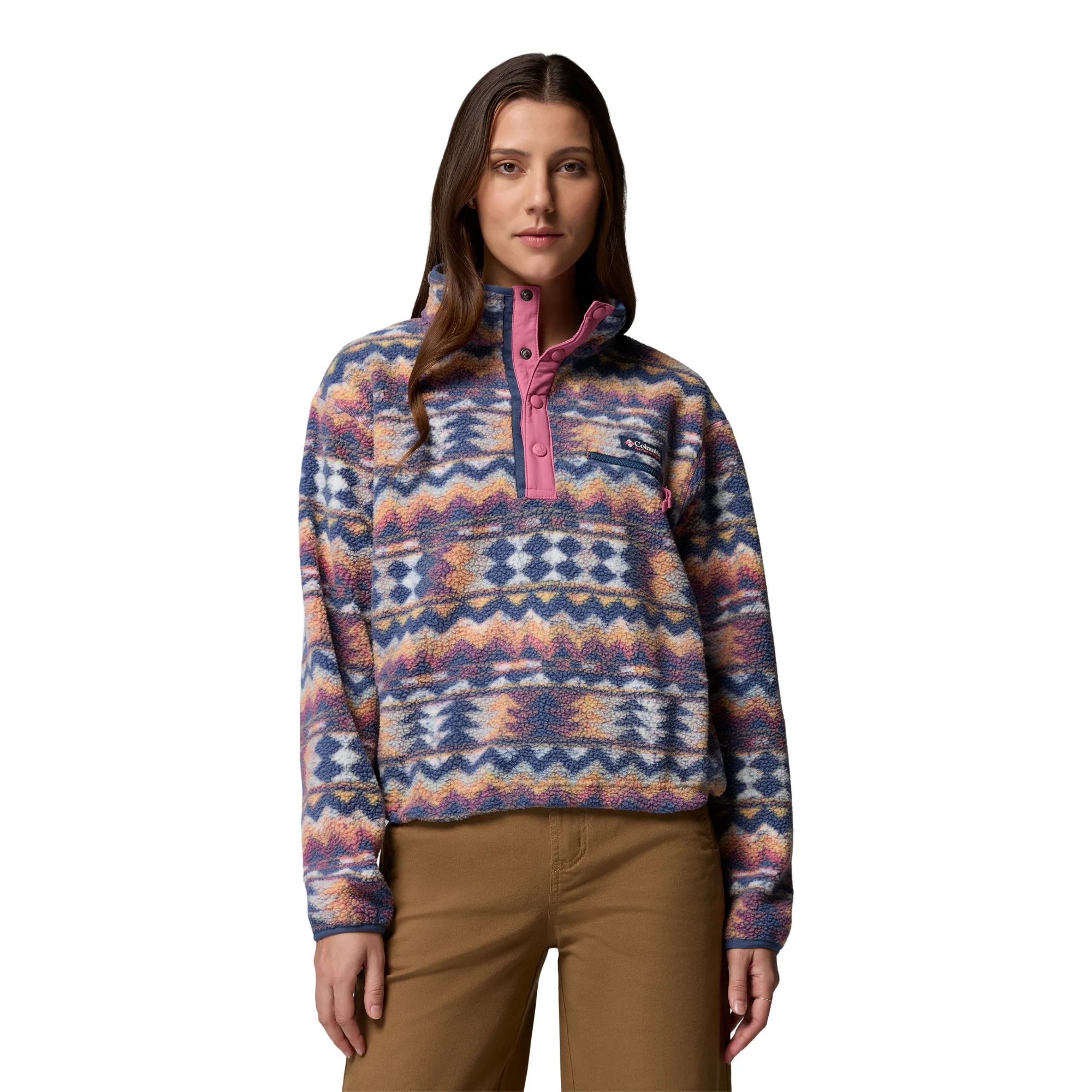 Columbia Women's Helvetia II Printed Cropped Half Snap Fleece Top (Sea Salt/Retrotree)