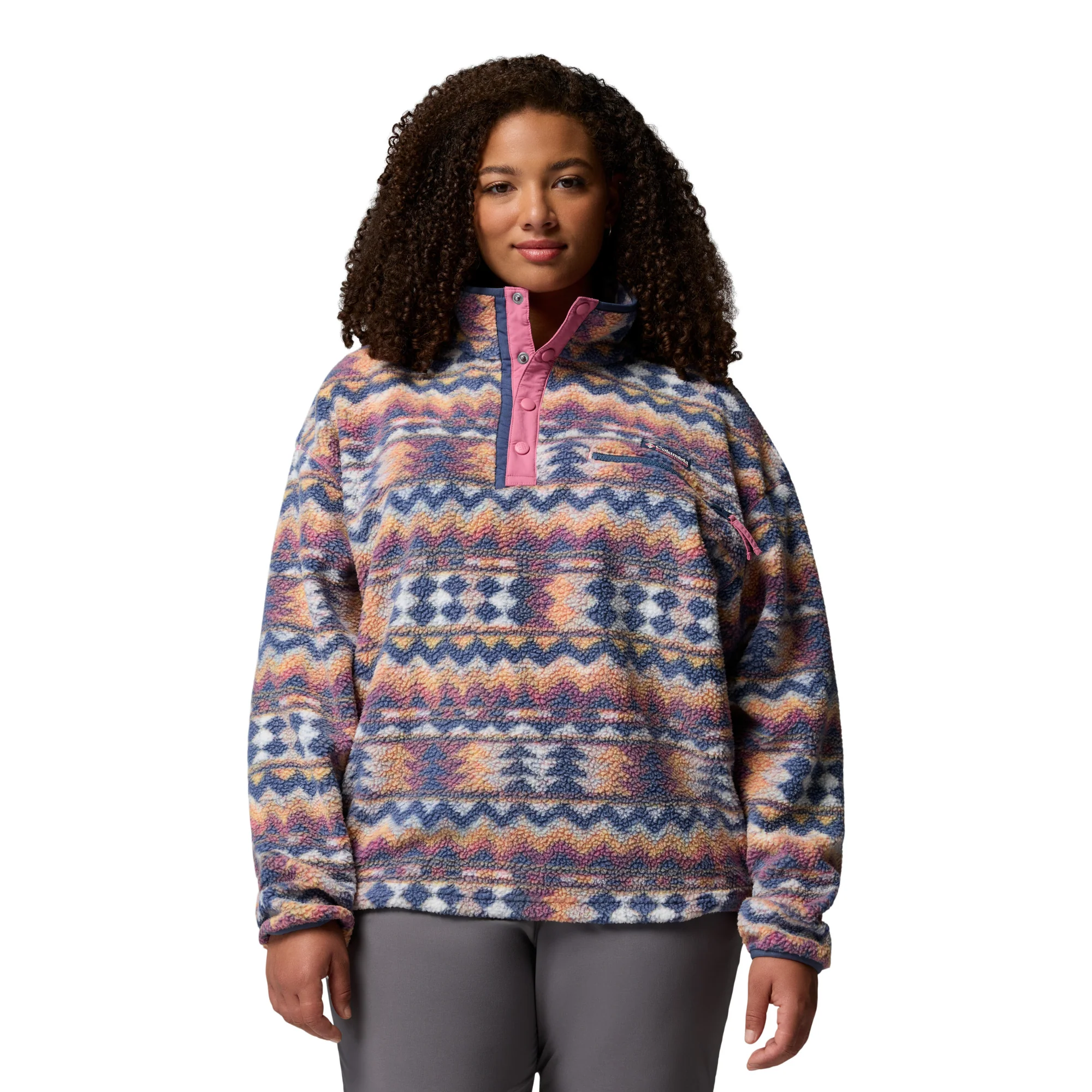 Columbia Women's Helvetia II Printed Cropped Half Snap Fleece Top (Sea Salt/Retrotree) - Image 2