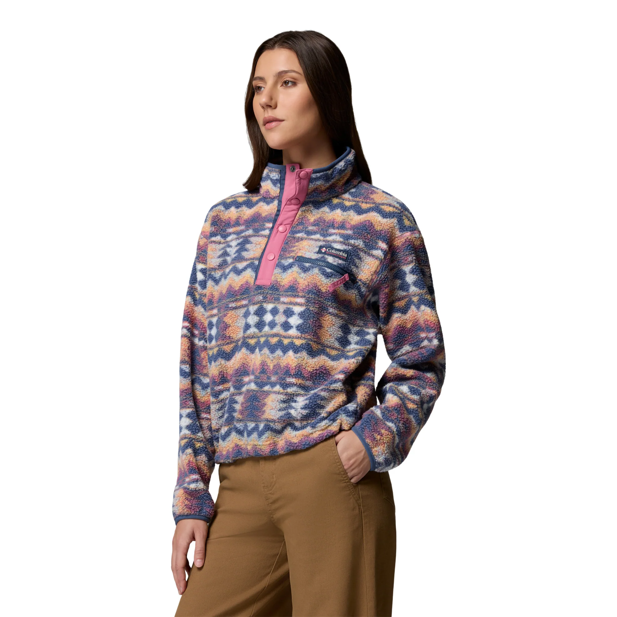 Columbia Women's Helvetia II Printed Cropped Half Snap Fleece Top (Sea Salt/Retrotree) - Image 3