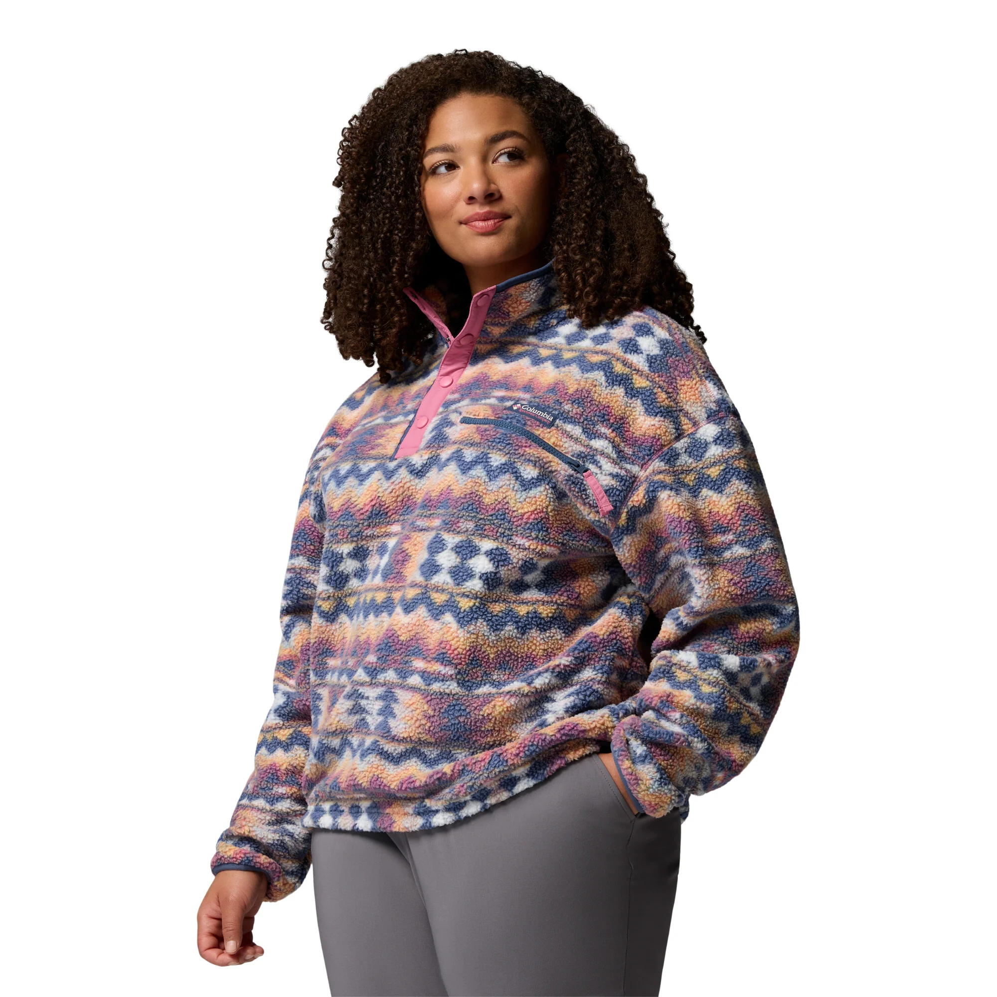 Columbia Women's Helvetia II Printed Cropped Half Snap Fleece Top (Sea Salt/Retrotree) - Image 4