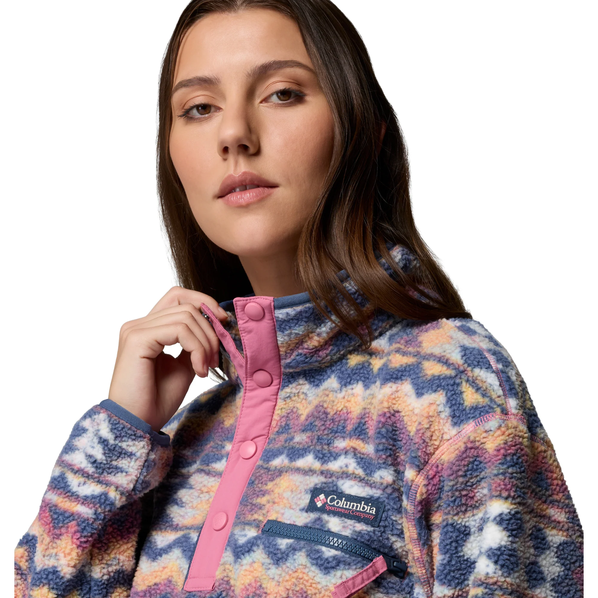 Columbia Women's Helvetia II Printed Cropped Half Snap Fleece Top (Sea Salt/Retrotree) - Image 7