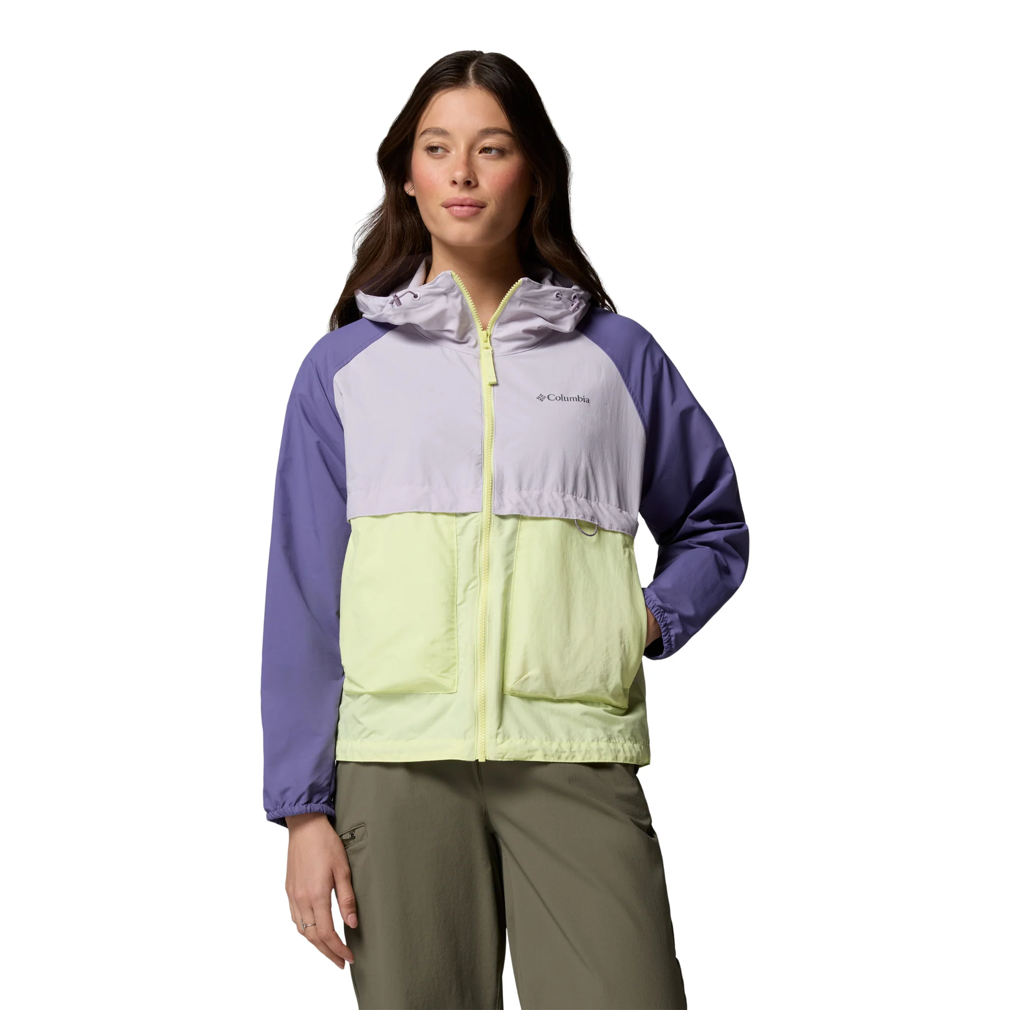Columbia Women's Spire Valley Hooded UPF50 Windbreaker (Citron Haze/Lavender Pearl/Stormwatch)