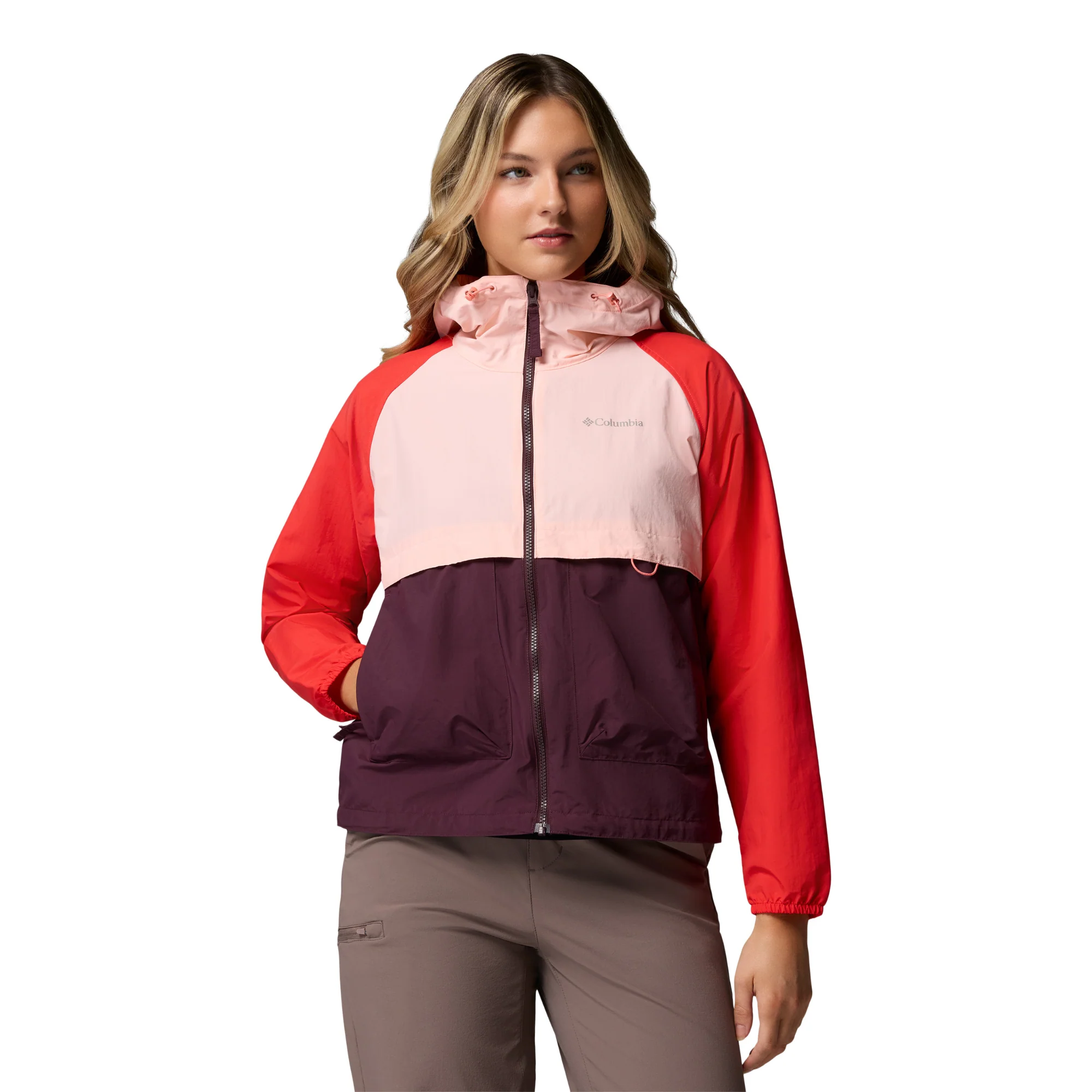 Columbia Women's Spire Valley Hooded UPF50 Windbreaker (Moonvista/Pink Sand/Poppy Red)