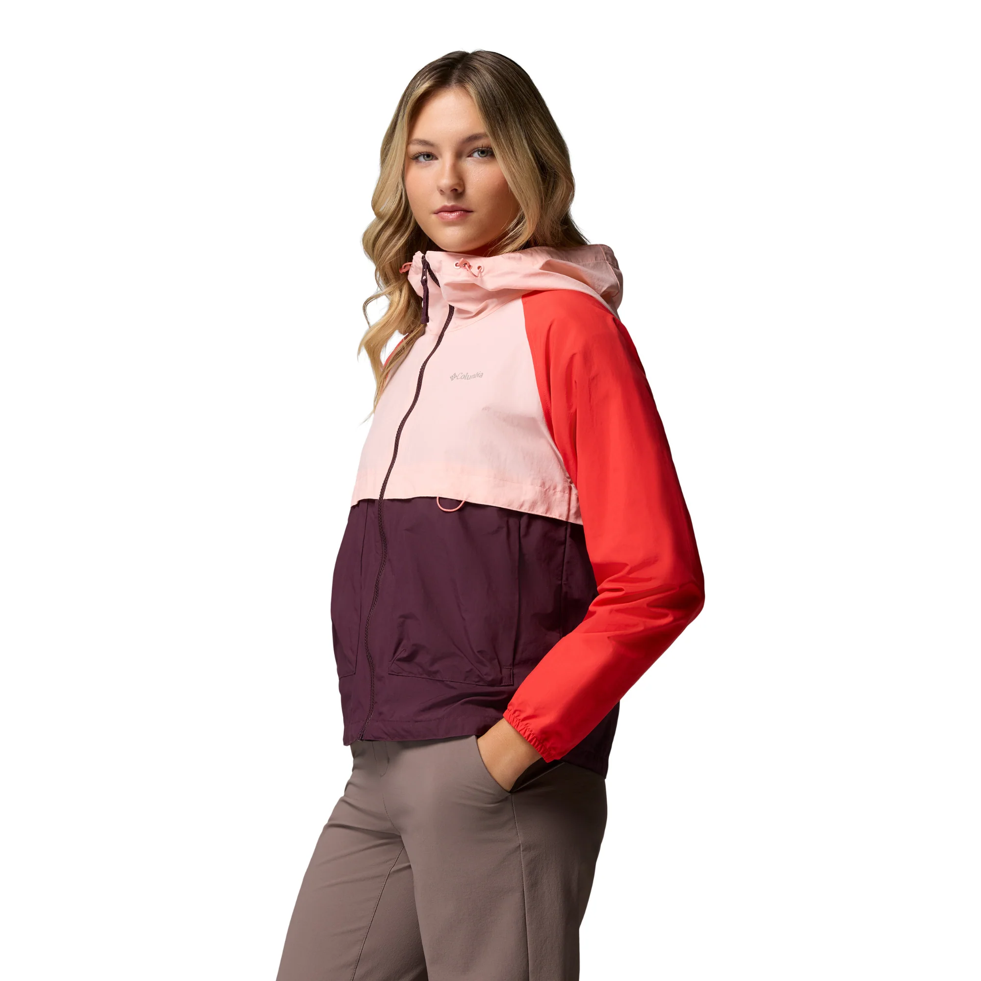 Columbia Women's Spire Valley Hooded UPF50 Windbreaker (Moonvista/Pink Sand/Poppy Red) - Image 3