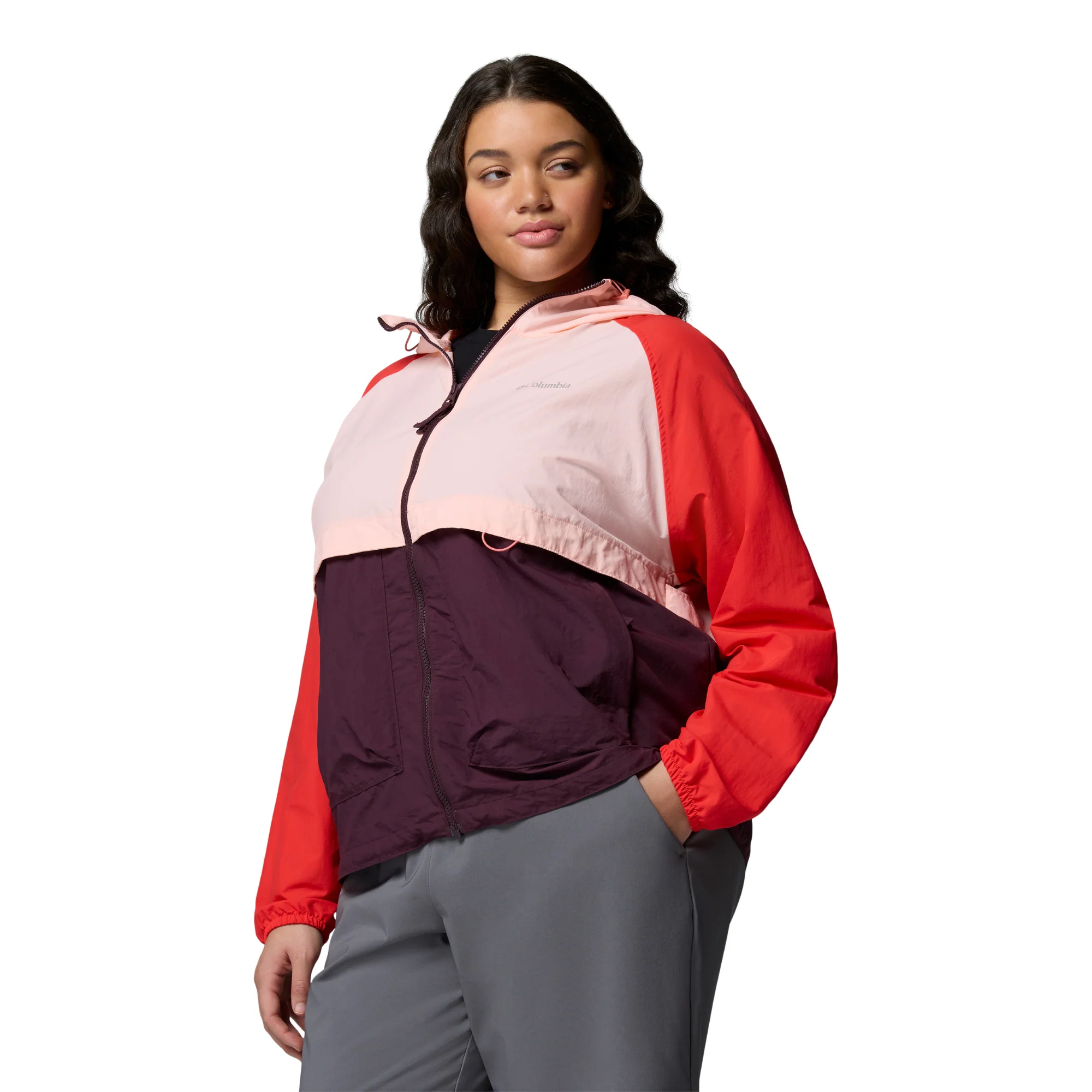 Columbia Women's Spire Valley Hooded UPF50 Windbreaker (Moonvista/Pink Sand/Poppy Red) - Image 4