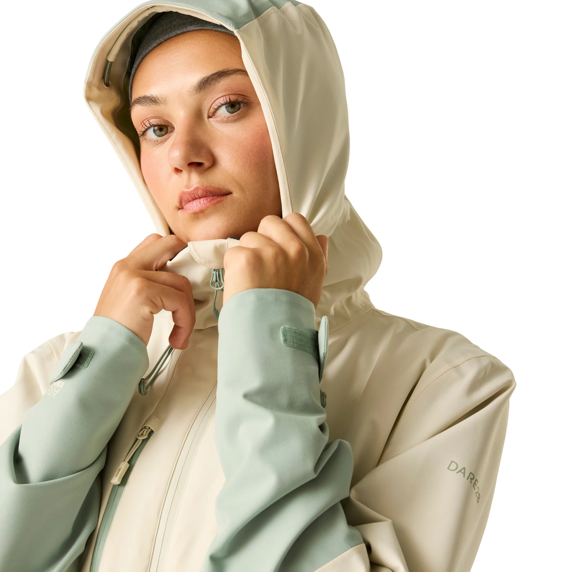 Dare 2B Women's Diverging II Hooded Waterproof Jacket (Almond Milk/Glacier Green) - Image 5