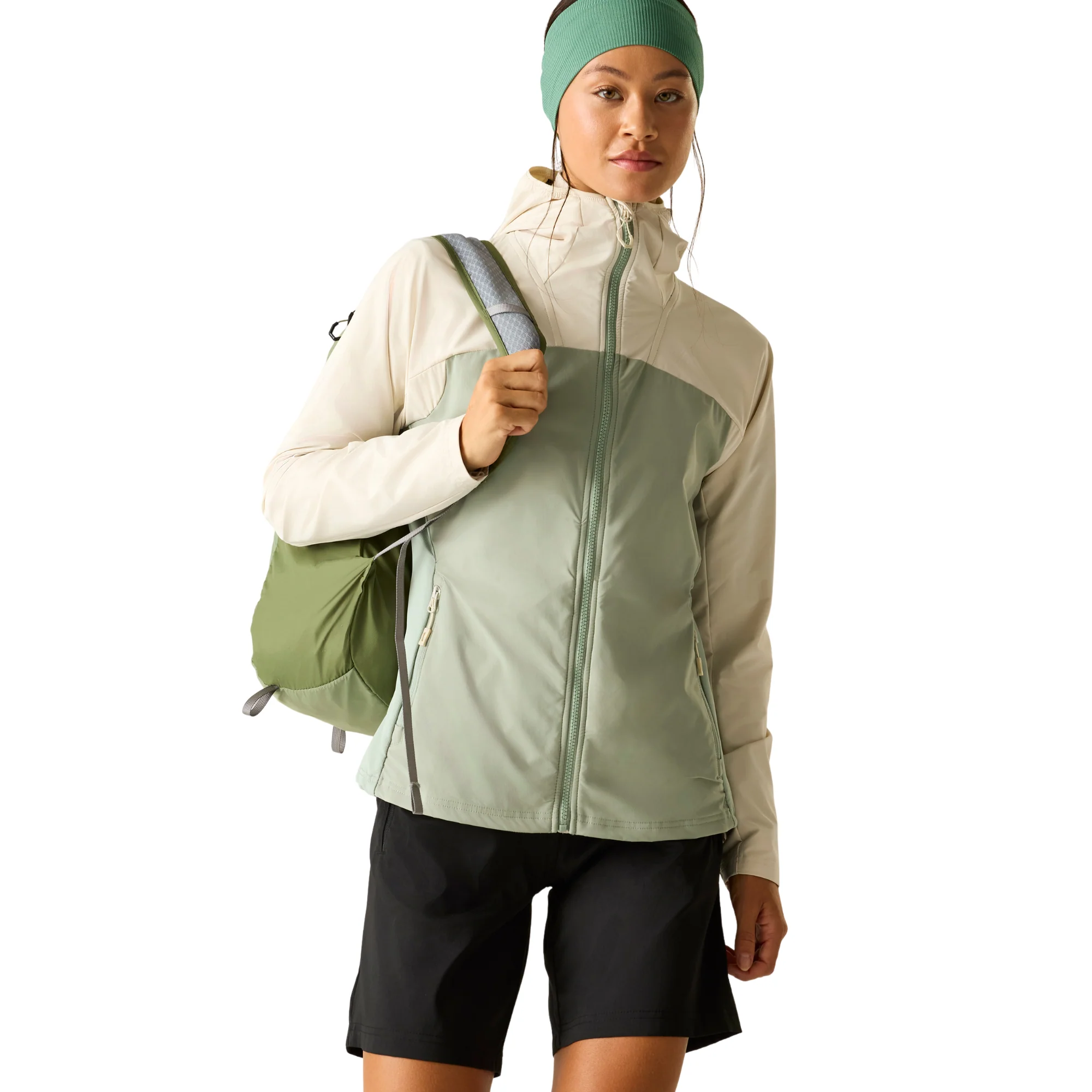 Dare 2B Women's Nomadic UPF50 Hooded Softshell Jacket (Almond Milk/Glacier Green)