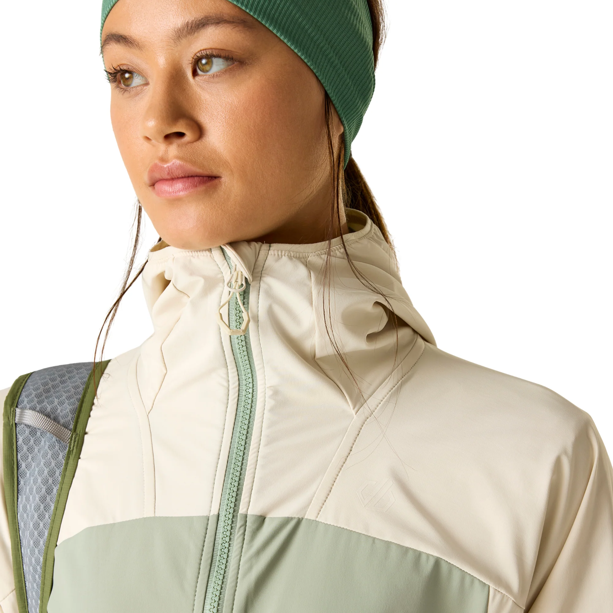 Dare 2B Women's Nomadic UPF50 Hooded Softshell Jacket (Almond Milk/Glacier Green) - Image 4