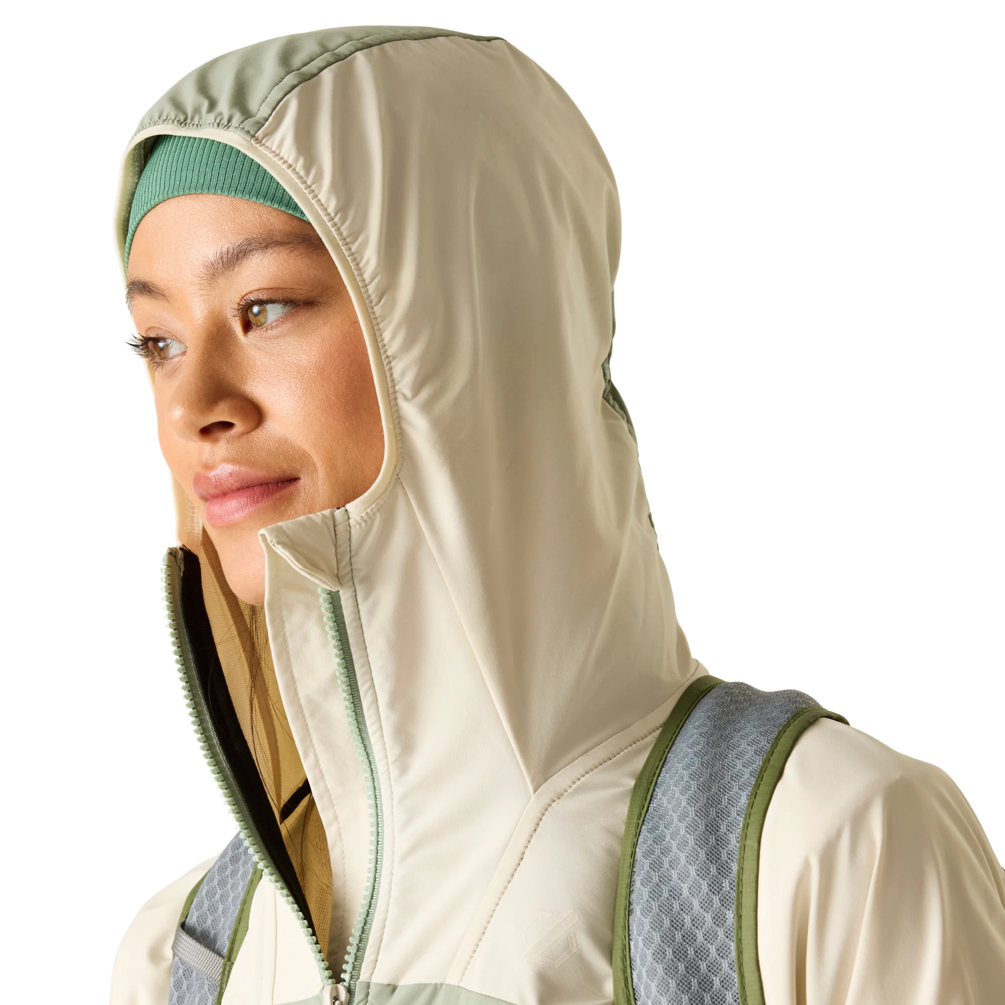 Dare 2B Women's Nomadic UPF50 Hooded Softshell Jacket (Almond Milk/Glacier Green) - Image 5