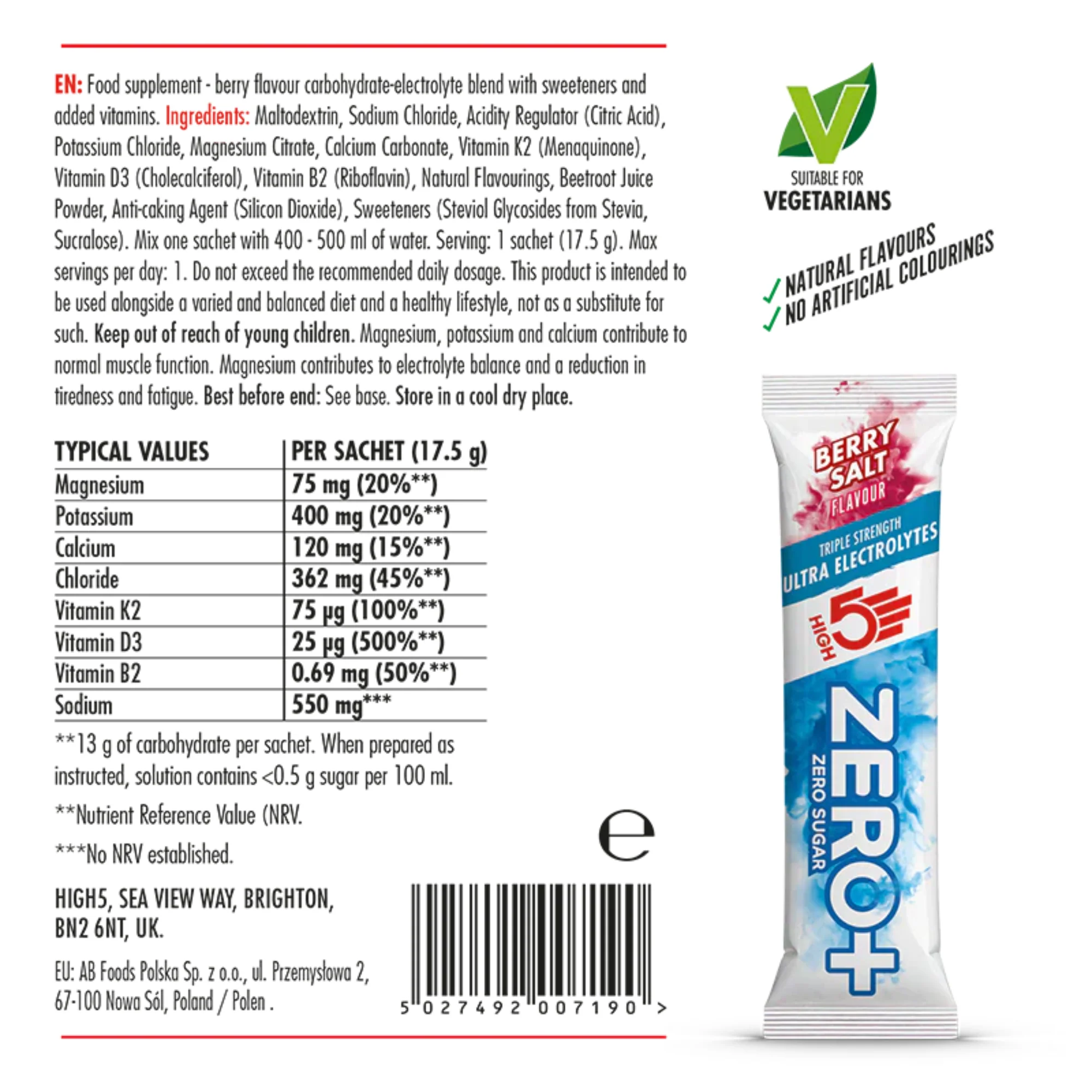 High 5 Zero+ Ultra Electrolyte 17.5g Sachet (Berry Salt) - Image 2