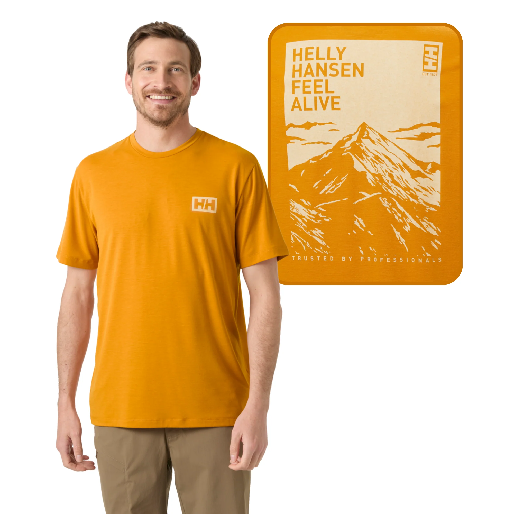Helly Hansen Men's Skog UPF50 Recycled Graphic Short Sleeve Tee (Mustard)