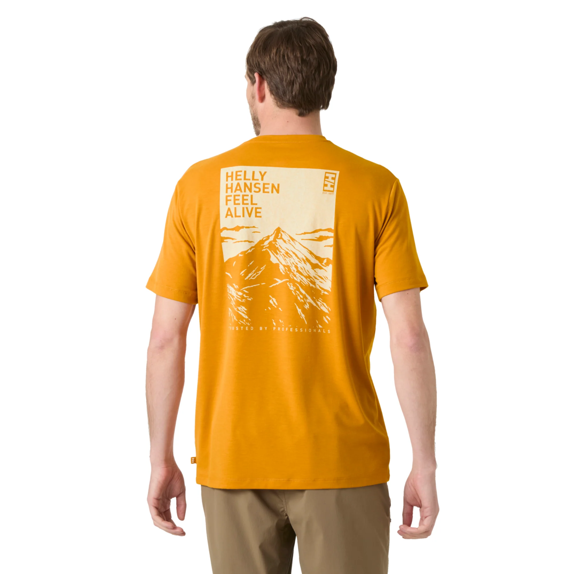 Helly Hansen Men's Skog UPF50 Recycled Graphic Short Sleeve Tee (Mustard) - Image 3