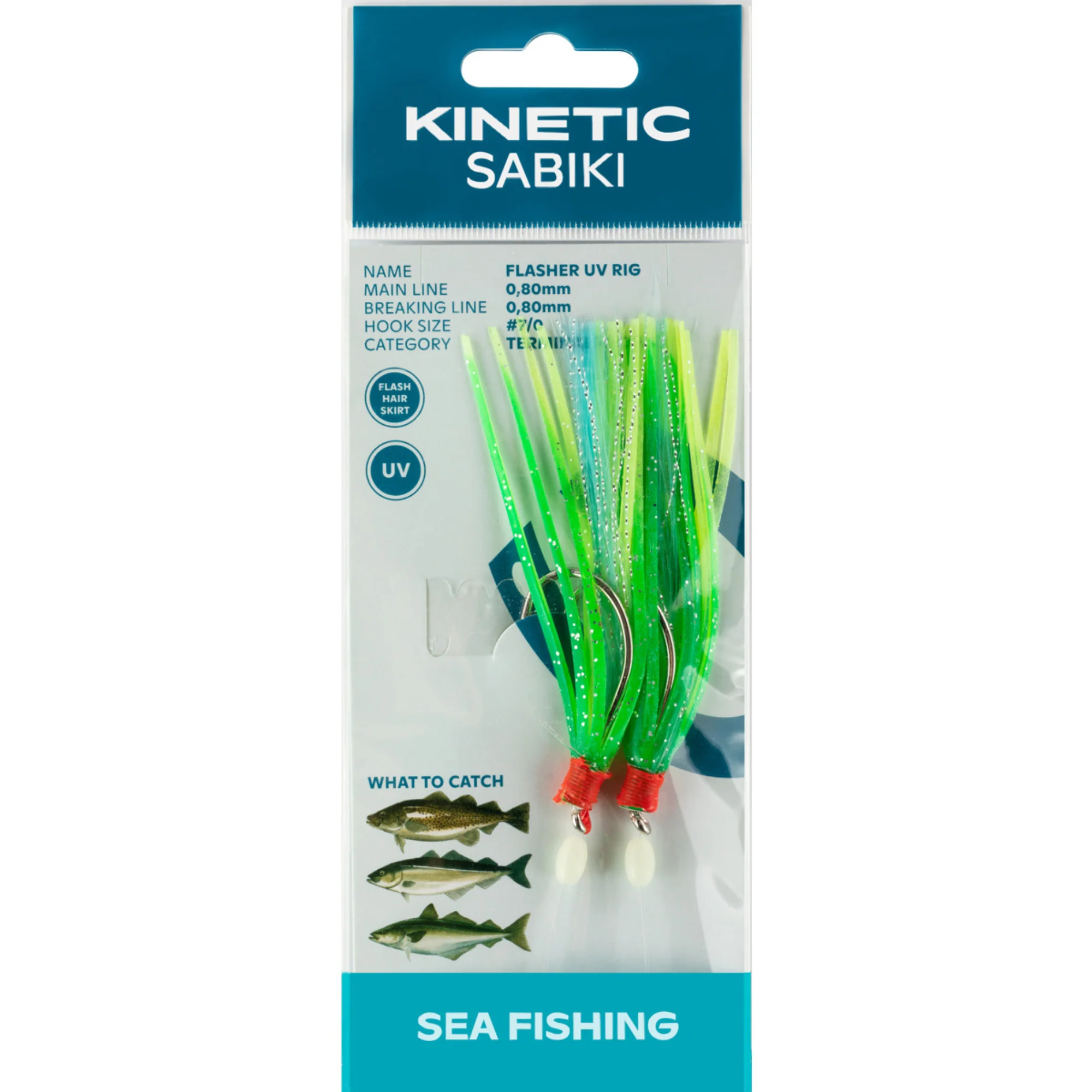 Kinetic Sabiki Flasher UV 2 Hook Rig (#7/0)(Green/Yellow/Blue)