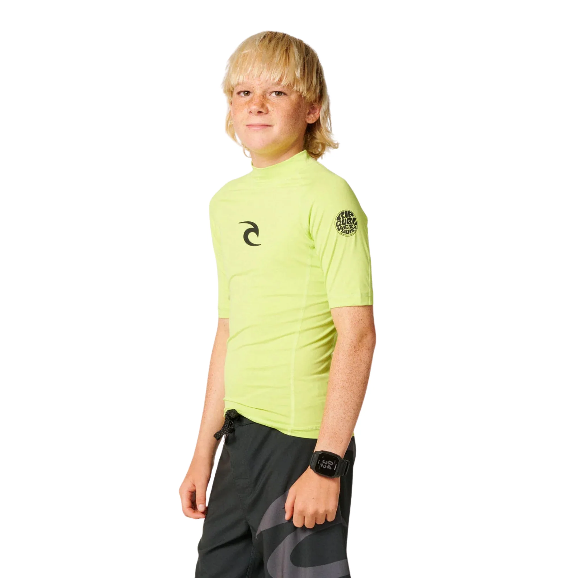 Rip Curl Junior Waves UPF50 Short Sleeve Rash Vest (Lime)(Sizes UK8-16) - Image 2