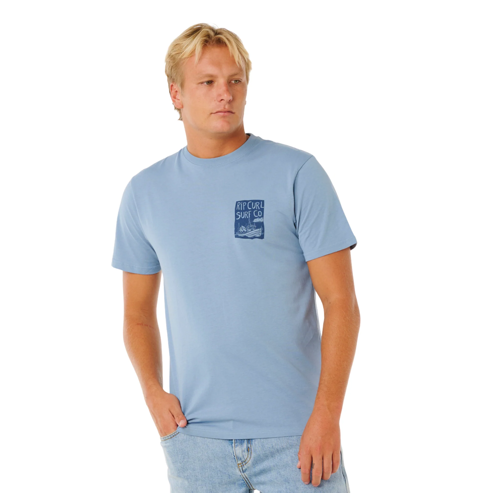Rip Curl Men's Keep On Trucking Short Sleeve Tee (Faded Denim) - Image 5