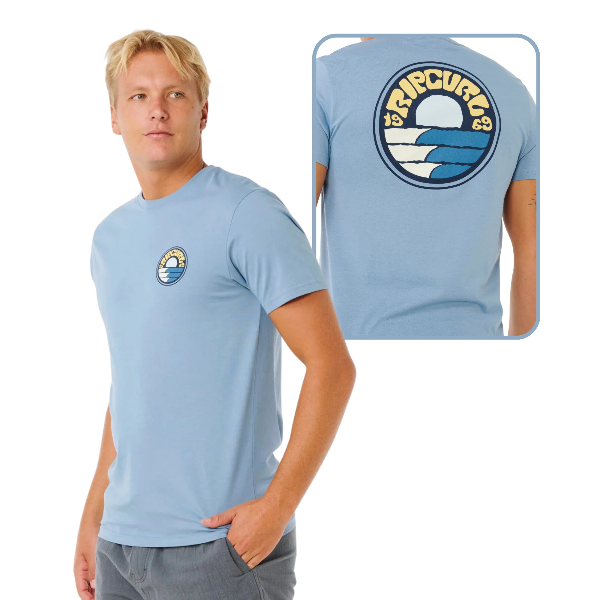 Rip Curl Men's Pacific Rinse Stacked Short Sleeve Tee (Faded Denim)