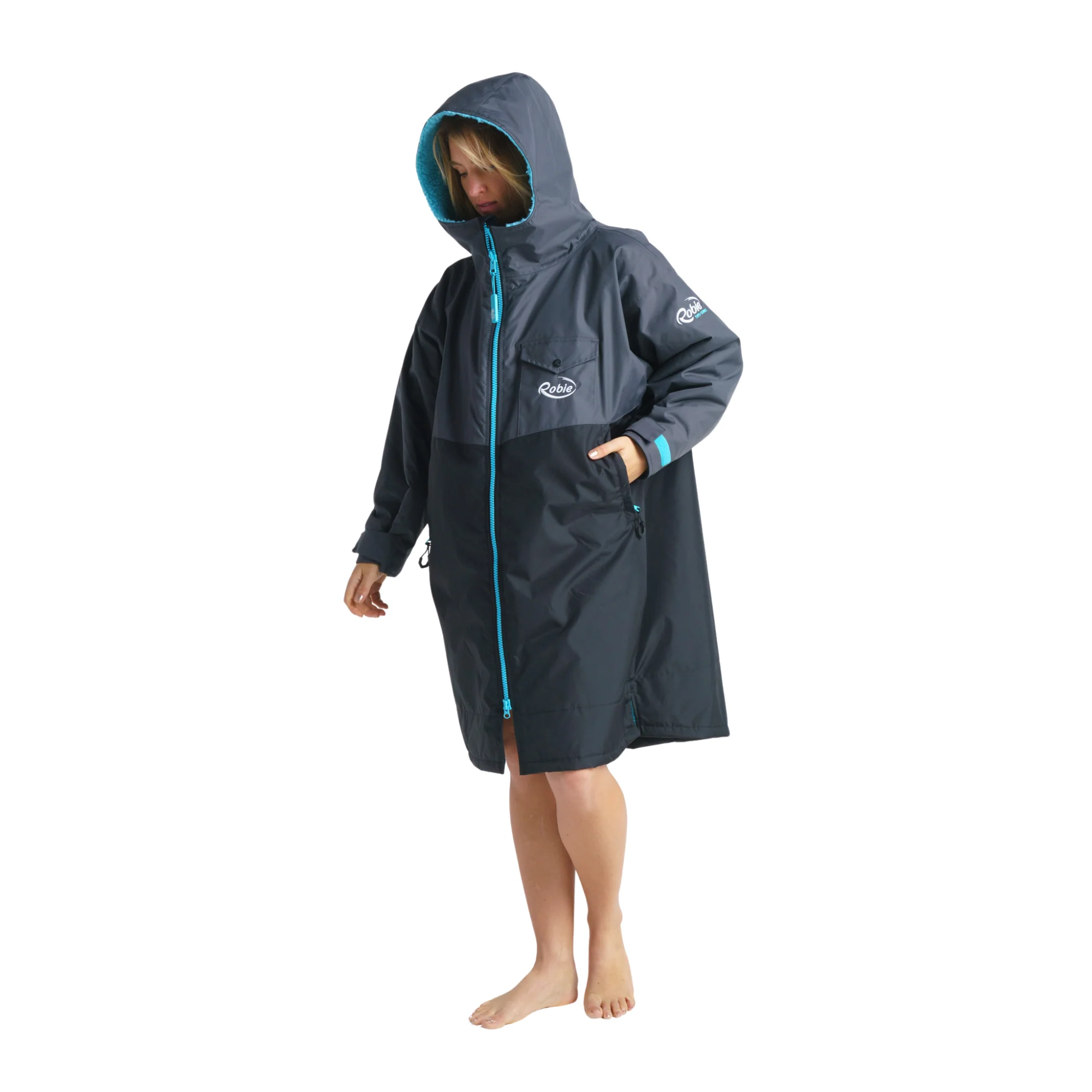 Robie Unisex Dry Series Recycled Long Sleeve Hardshell Changing Robe (Black/Charcoal/Blue Atoll) - Image 11