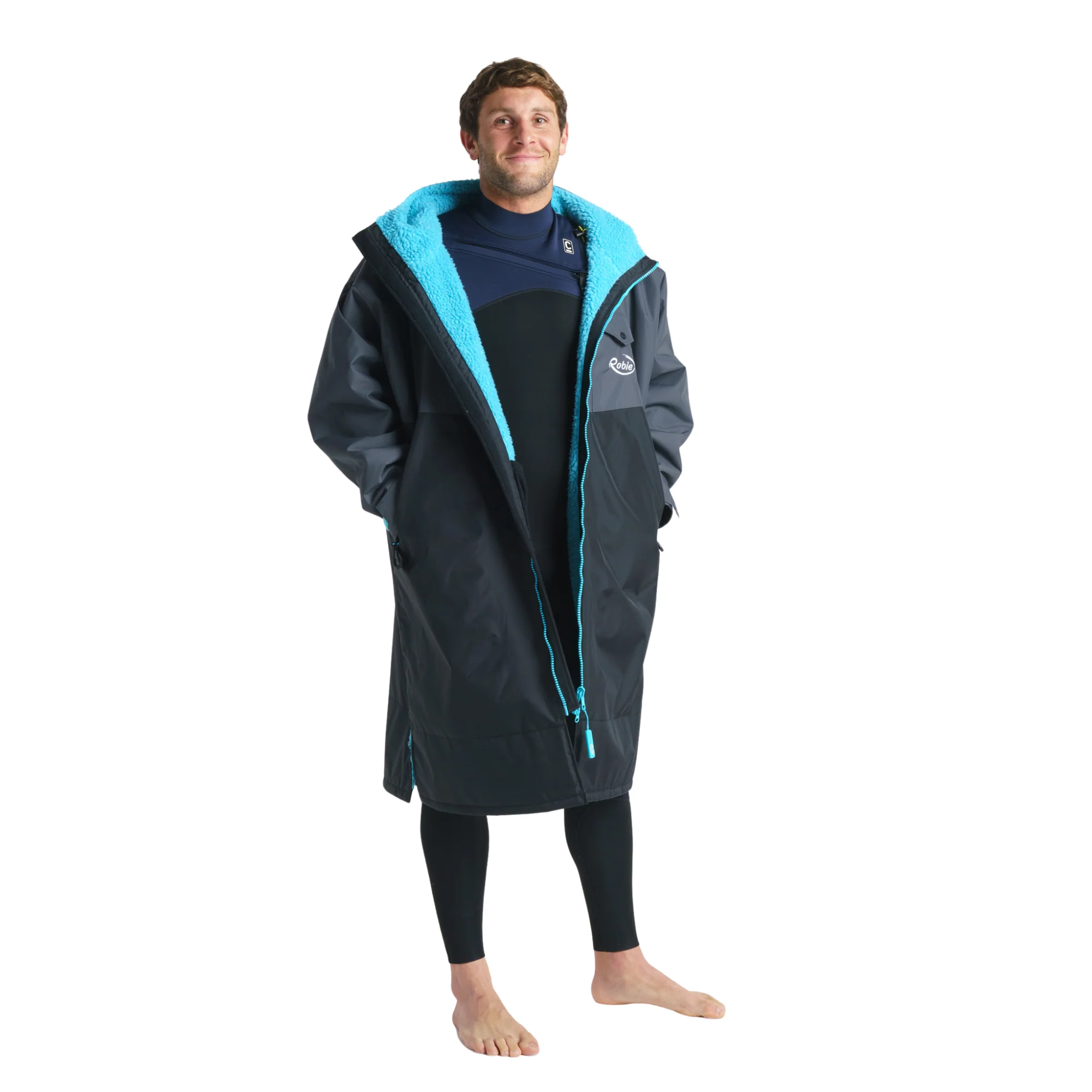 Robie Unisex Dry Series Recycled Long Sleeve Hardshell Changing Robe (Black/Charcoal/Blue Atoll) - Image 16