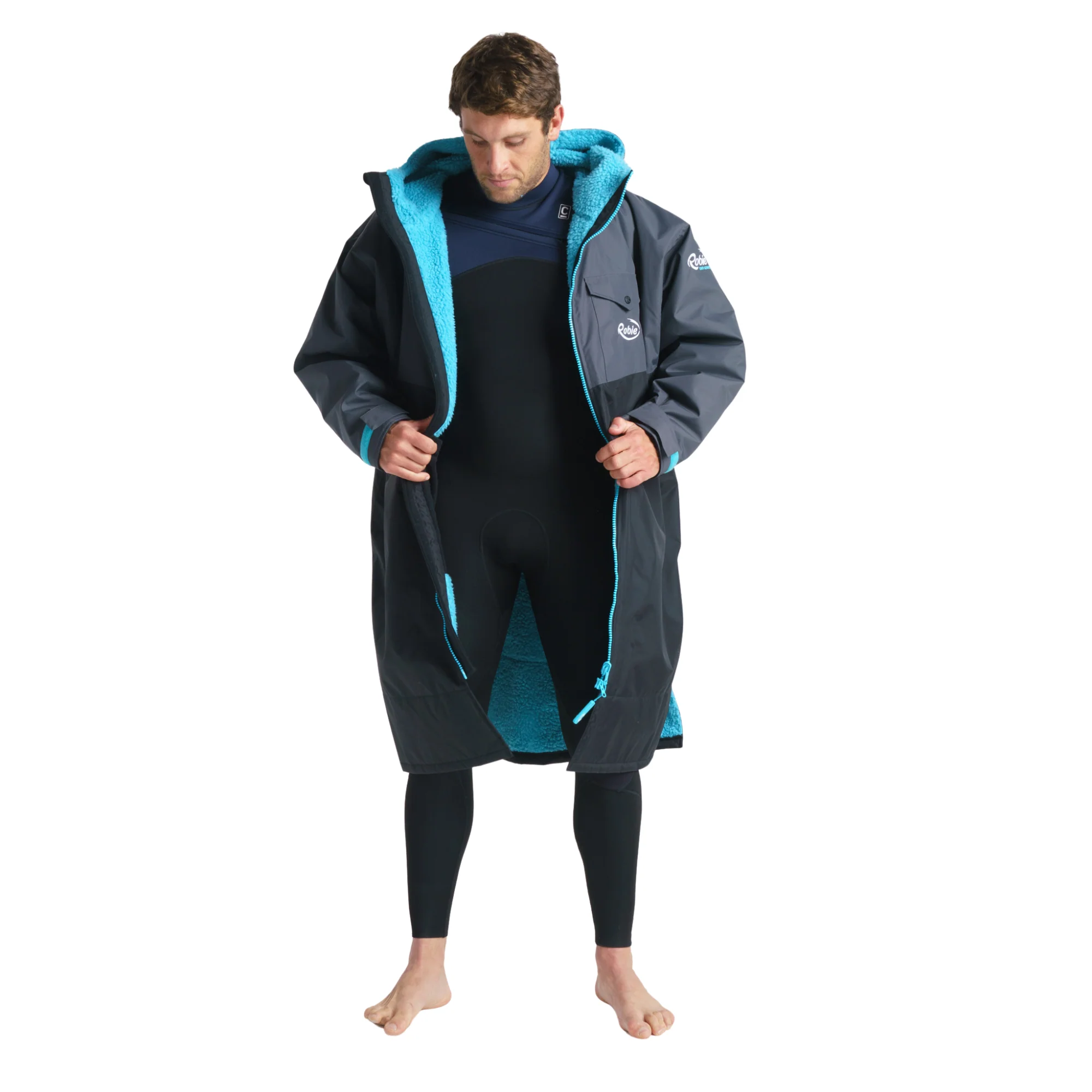 Robie Unisex Dry Series Recycled Long Sleeve Hardshell Changing Robe (Black/Charcoal/Blue Atoll) - Image 18