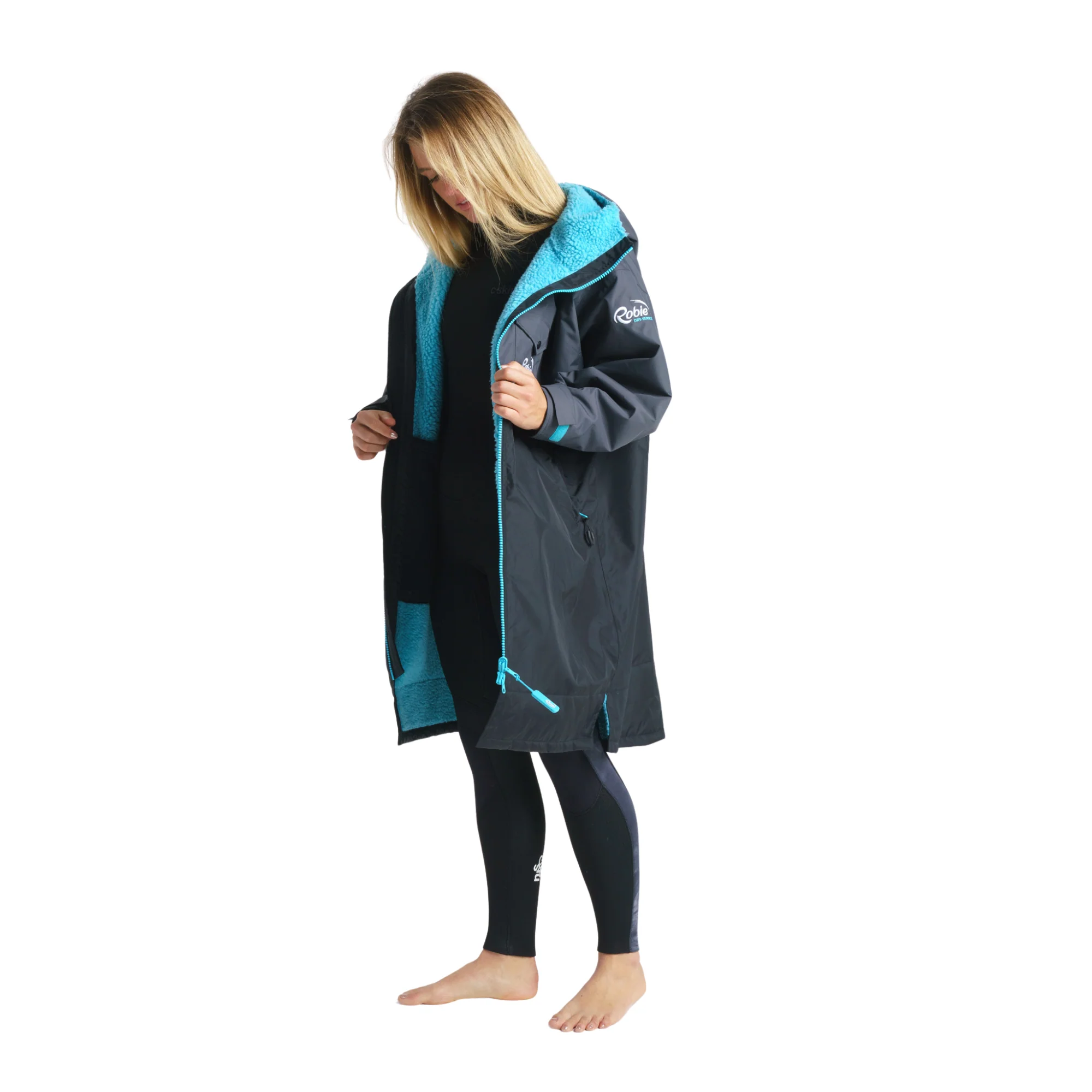 Robie Unisex Dry Series Recycled Long Sleeve Hardshell Changing Robe (Black/Charcoal/Blue Atoll) - Image 4