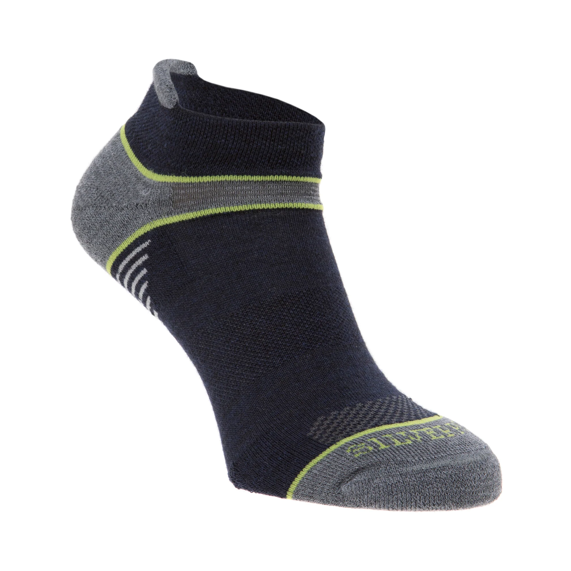 Silverpoint Unisex On The Move No Show Merino Blend Ankle Socks (Navy/Lime) - Image 2